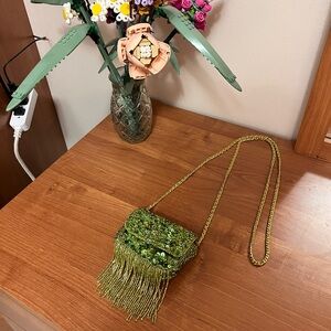 Green Beaded Fringe Mini Crossbody Bag